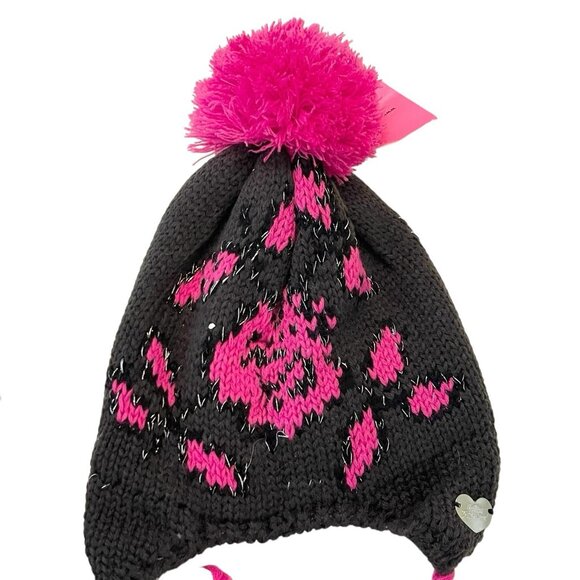 Betsey Johnson Gift Set Beanie Pom Pom & Circle Scarf Black Pink Rose Print NEW - Picture 3 of 7